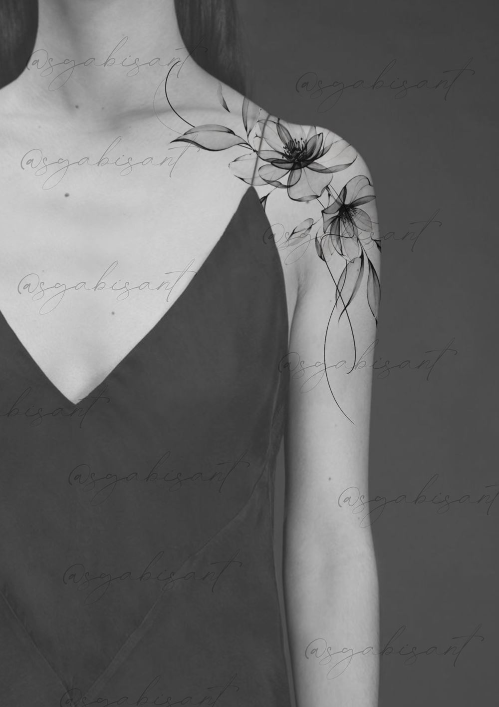 Exclusive design preview: fine-line florals over the shoulder and collarbone
